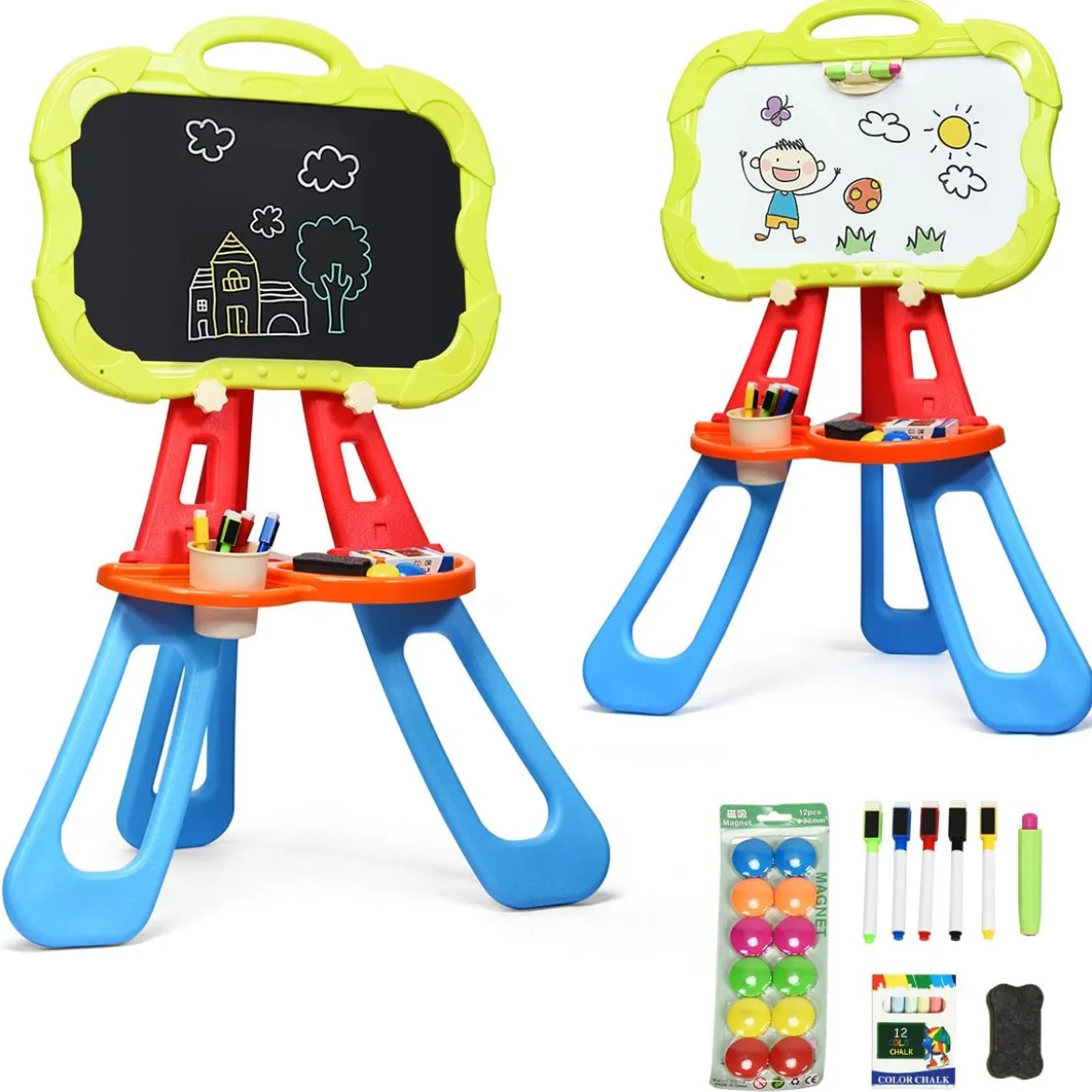 3 in 1 Kinder Staffelei Kindertafel doppelseitig Standtafel magnetisch Zeichentafel Whiteboard & Tafel mit Malzubehör und Ablagefach