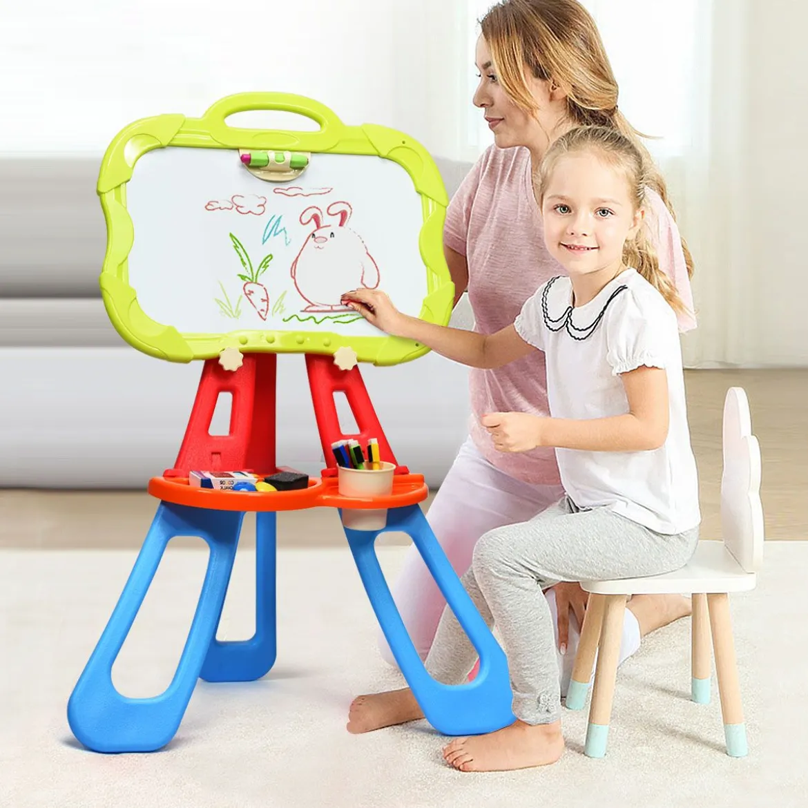 3 in 1 Kinder Staffelei Kindertafel doppelseitig Standtafel magnetisch Zeichentafel Whiteboard & Tafel mit Malzubehör und Ablagefach