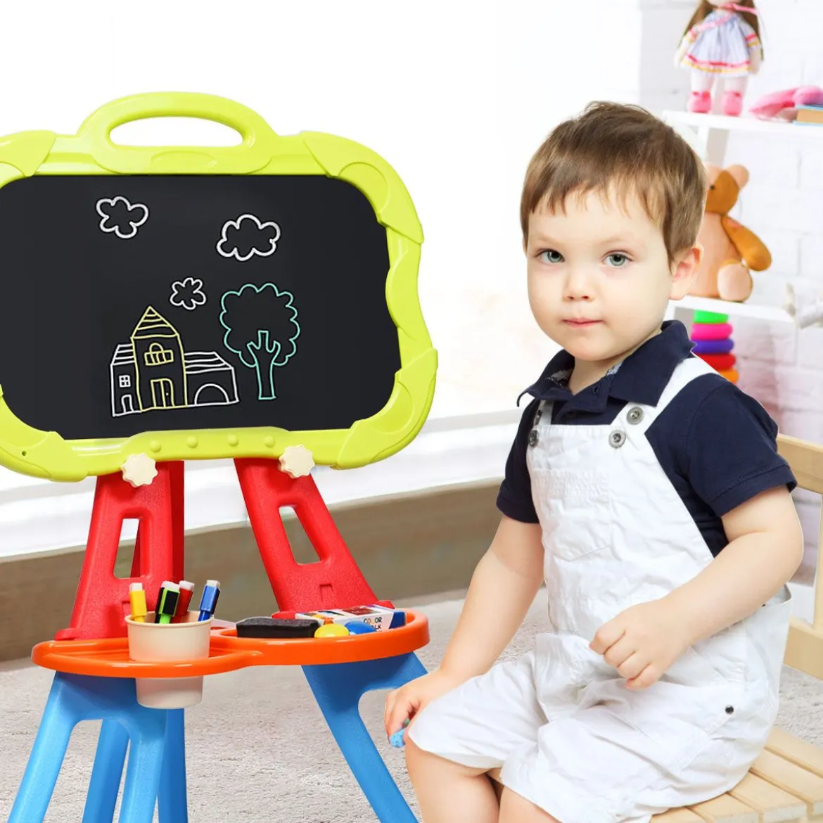 3 in 1 Kinder Staffelei Kindertafel doppelseitig Standtafel magnetisch Zeichentafel Whiteboard & Tafel mit Malzubehör und Ablagefach