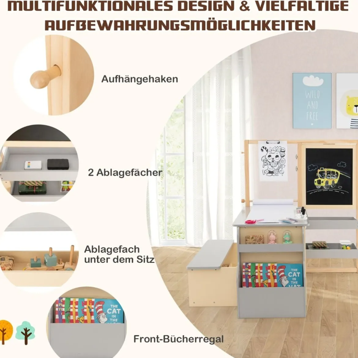 6 in 1 Kinder Staffelei Set Standtafel aus Holz mit doppelseitiger Kreidetafel