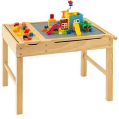2 in 1 Kindertisch aus Kiefernholz mit Umkehrbarer Tischplatte & Stauraum & Papierrolle Natur