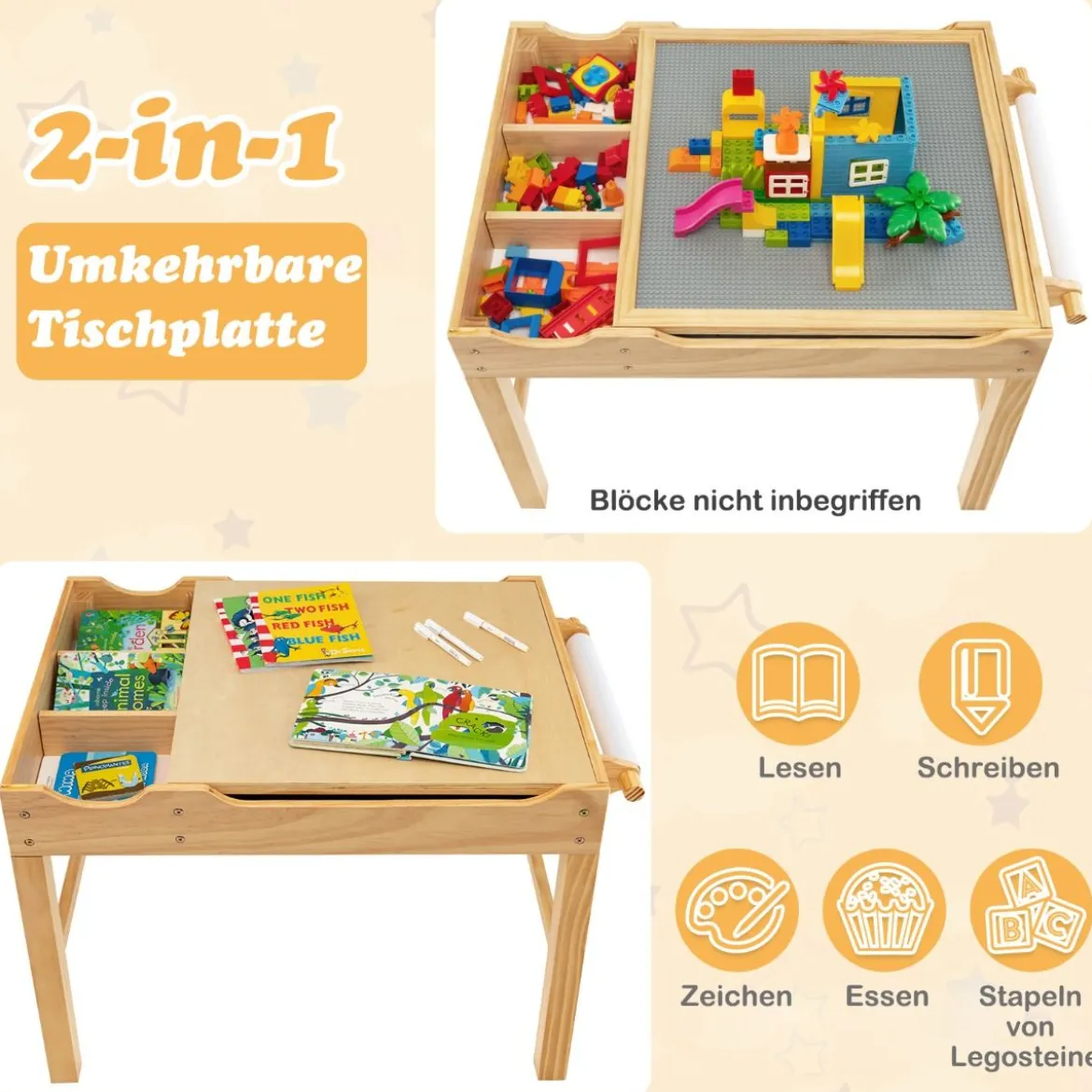2 in 1 Kindertisch aus Kiefernholz mit Umkehrbarer Tischplatte & Stauraum & Papierrolle Natur