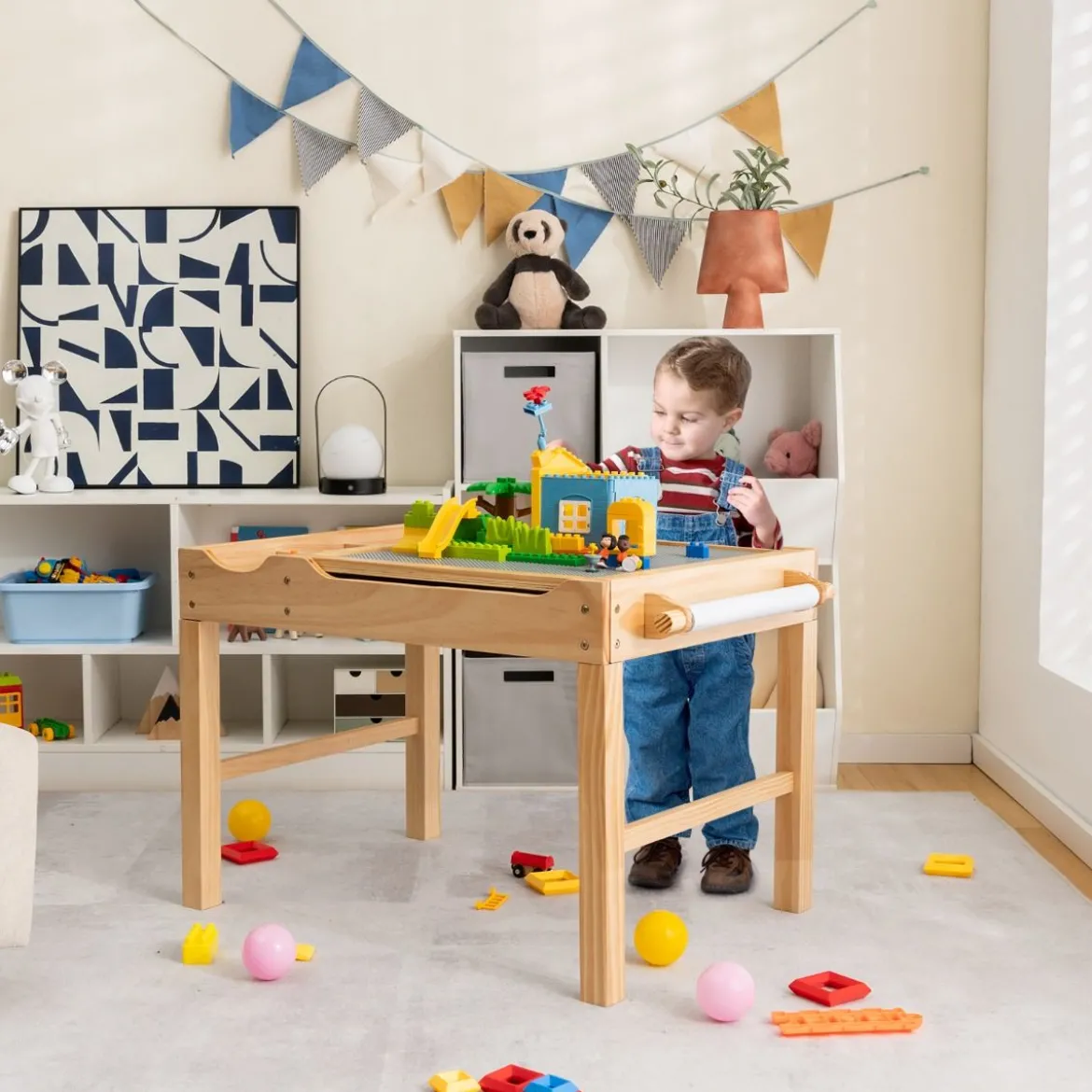 2 in 1 Kindertisch aus Kiefernholz mit Umkehrbarer Tischplatte & Stauraum & Papierrolle Natur