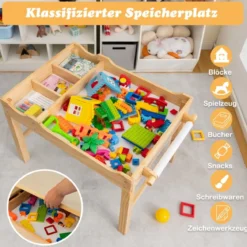 2 in 1 Kindertisch aus Kiefernholz mit Umkehrbarer Tischplatte & Stauraum & Papierrolle Natur