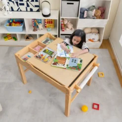 2 in 1 Kindertisch aus Kiefernholz mit Umkehrbarer Tischplatte & Stauraum & Papierrolle Natur