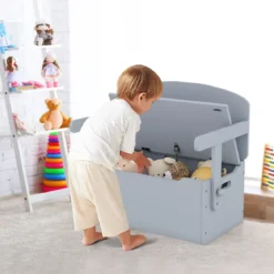 3 in 1 Kindertisch mit Sitzbank Kindersitzgruppe aus Holz mit Stauraum & Decke 60 x 34 x 57cm Grau