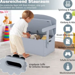 3 in 1 Kindertisch mit Sitzbank Kindersitzgruppe aus Holz mit Stauraum & Decke 60 x 34 x 57cm Grau