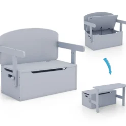 3 in 1 Kindertisch mit Sitzbank Kindersitzgruppe aus Holz mit Stauraum & Decke 60 x 34 x 57cm Grau