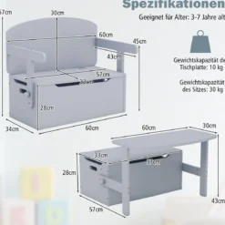 3 in 1 Kindertisch mit Sitzbank Kindersitzgruppe aus Holz mit Stauraum & Decke 60 x 34 x 57cm Grau