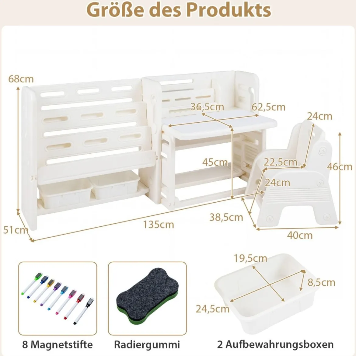 4 in 1 Kinder Tisch Stuhl Set Kindertisch mit Bücherregalen & Whiteboard & 2 Aufbewahrungsboxen Maltisch
