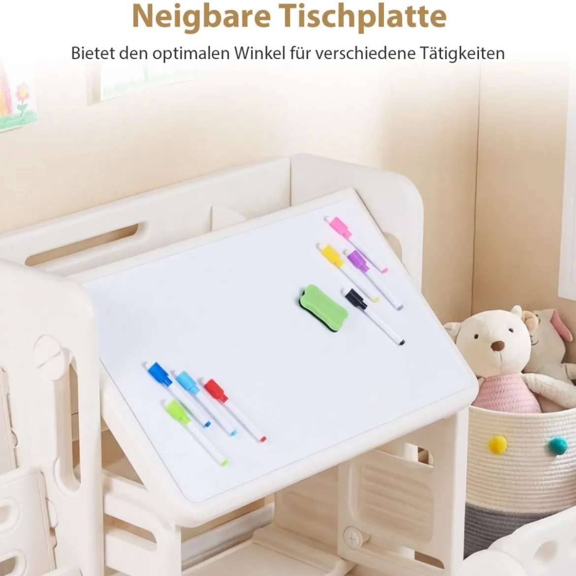 4 in 1 Kinder Tisch Stuhl Set Kindertisch mit Bücherregalen & Whiteboard & 2 Aufbewahrungsboxen Maltisch