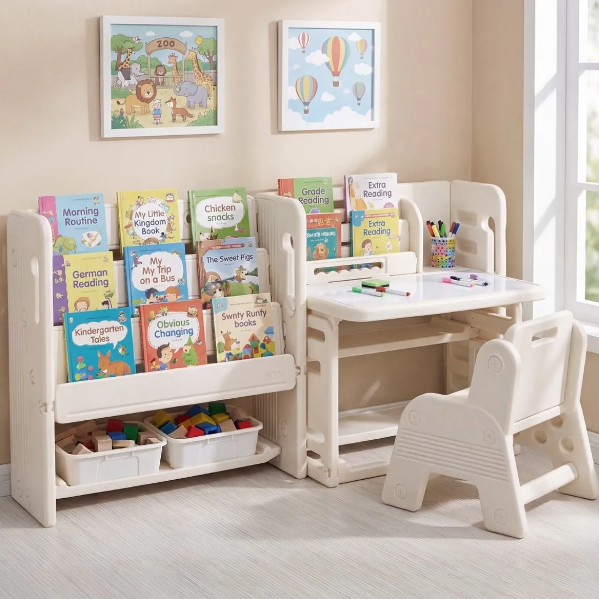 4 in 1 Kinder Tisch Stuhl Set Kindertisch mit Bücherregalen & Whiteboard & 2 Aufbewahrungsboxen Maltisch