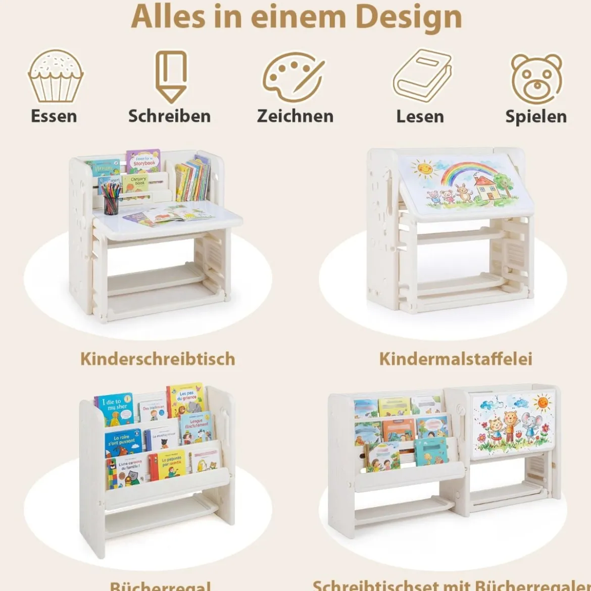 4 in 1 Kinder Tisch Stuhl Set Kindertisch mit Bücherregalen & Whiteboard & 2 Aufbewahrungsboxen Maltisch