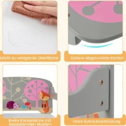 3 in 1 Kinder Tisch & Stuhl-Set mit 2 Abnehmbaren Stoffkörben zum Malen & Spielen & Lernen Grau