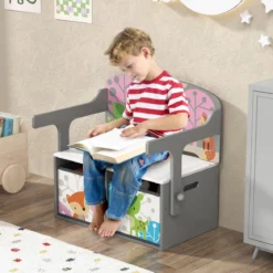 3 in 1 Kinder Tisch & Stuhl-Set mit 2 Abnehmbaren Stoffkörben zum Malen & Spielen & Lernen Grau