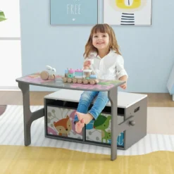 3 in 1 Kinder Tisch & Stuhl-Set mit 2 Abnehmbaren Stoffkörben zum Malen & Spielen & Lernen Grau