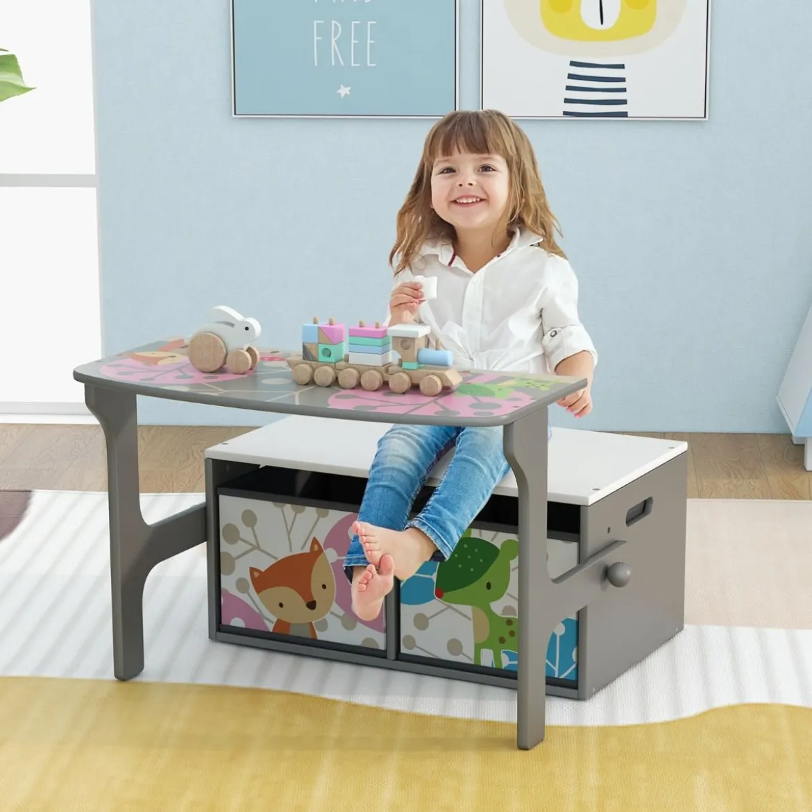 3 in 1 Kinder Tisch & Stuhl-Set mit 2 Abnehmbaren Stoffkörben zum Malen & Spielen & Lernen Grau