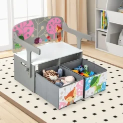 3 in 1 Kinder Tisch & Stuhl-Set mit 2 Abnehmbaren Stoffkörben zum Malen & Spielen & Lernen Grau