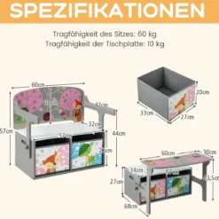 3 in 1 Kinder Tisch & Stuhl-Set mit 2 Abnehmbaren Stoffkörben zum Malen & Spielen & Lernen Grau