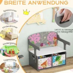 3 in 1 Kinder Tisch & Stuhl-Set mit 2 Abnehmbaren Stoffkörben zum Malen & Spielen & Lernen Grau