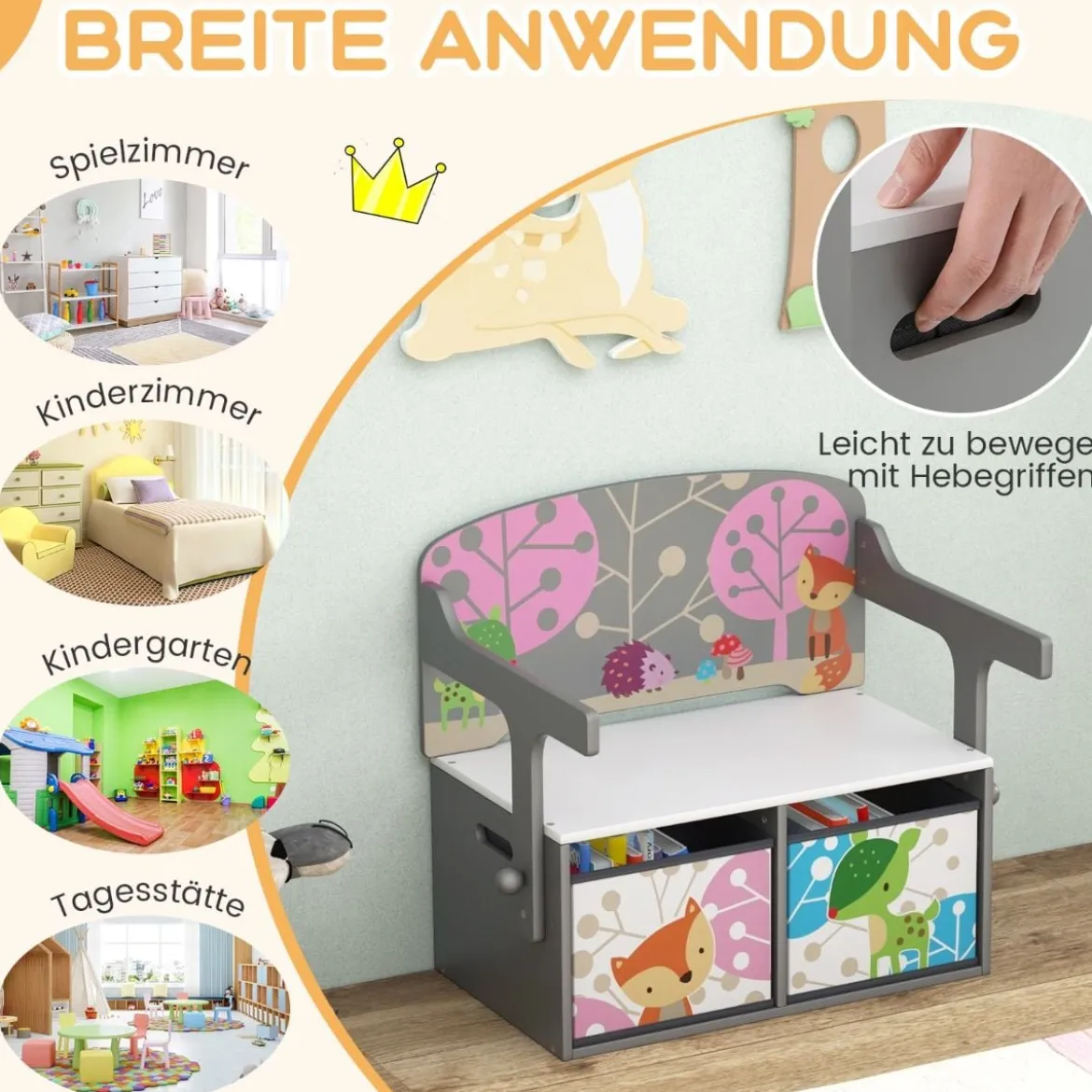 3 in 1 Kinder Tisch & Stuhl-Set mit 2 Abnehmbaren Stoffkörben zum Malen & Spielen & Lernen Grau