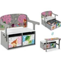 3 in 1 Kinder Tisch & Stuhl-Set mit 2 Abnehmbaren Stoffkörben zum Malen & Spielen & Lernen Grau