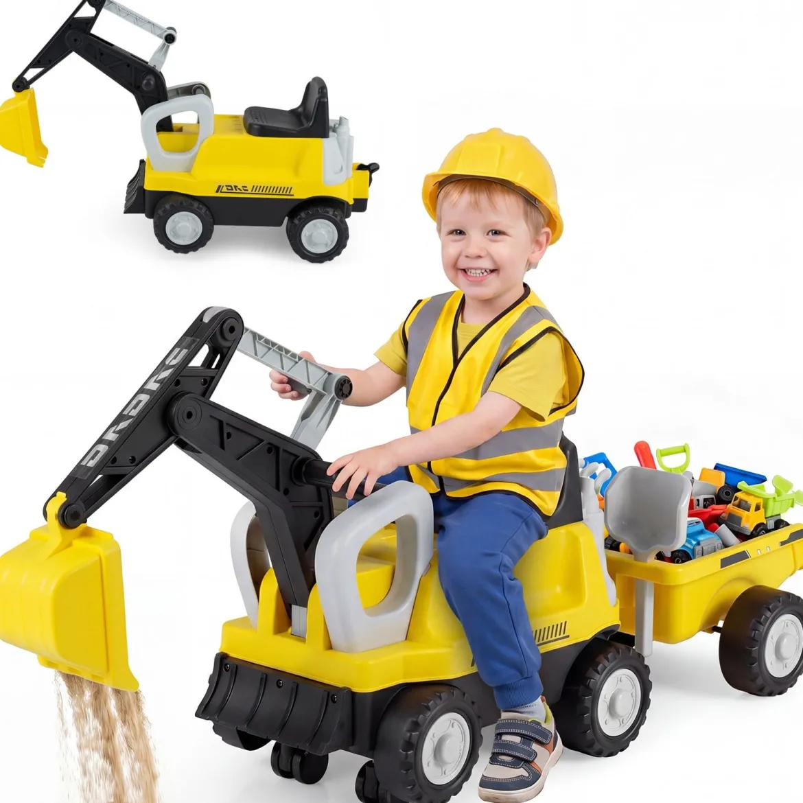 2 in 1 Kindertraktor Kinder Aufsitz-Bagger mit Abnehmbarem Anhänger Rechen Schaufel und Stauraum Gelb