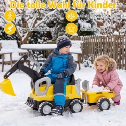 2 in 1 Kindertraktor Kinder Aufsitz-Bagger mit Abnehmbarem Anhänger Rechen Schaufel und Stauraum Gelb