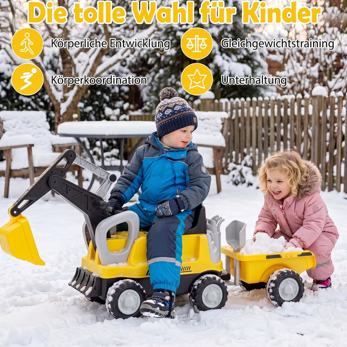 2 in 1 Kindertraktor Kinder Aufsitz-Bagger mit Abnehmbarem Anhänger Rechen Schaufel und Stauraum Gelb