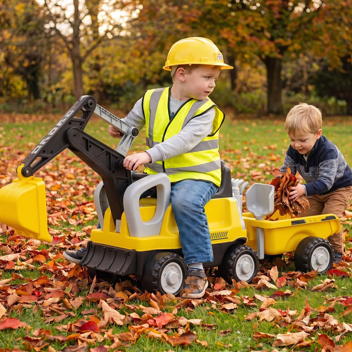 2 in 1 Kindertraktor Kinder Aufsitz-Bagger mit Abnehmbarem Anhänger Rechen Schaufel und Stauraum Gelb