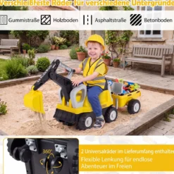 2 in 1 Kindertraktor Kinder Aufsitz-Bagger mit Abnehmbarem Anhänger Rechen Schaufel und Stauraum Gelb