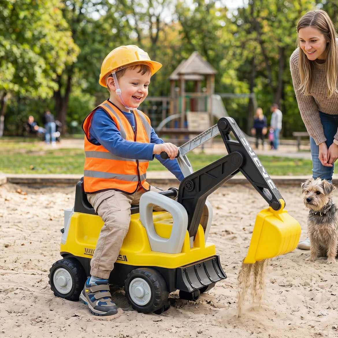 2 in 1 Kindertraktor Kinder Aufsitz-Bagger mit Abnehmbarem Anhänger Rechen Schaufel und Stauraum Gelb