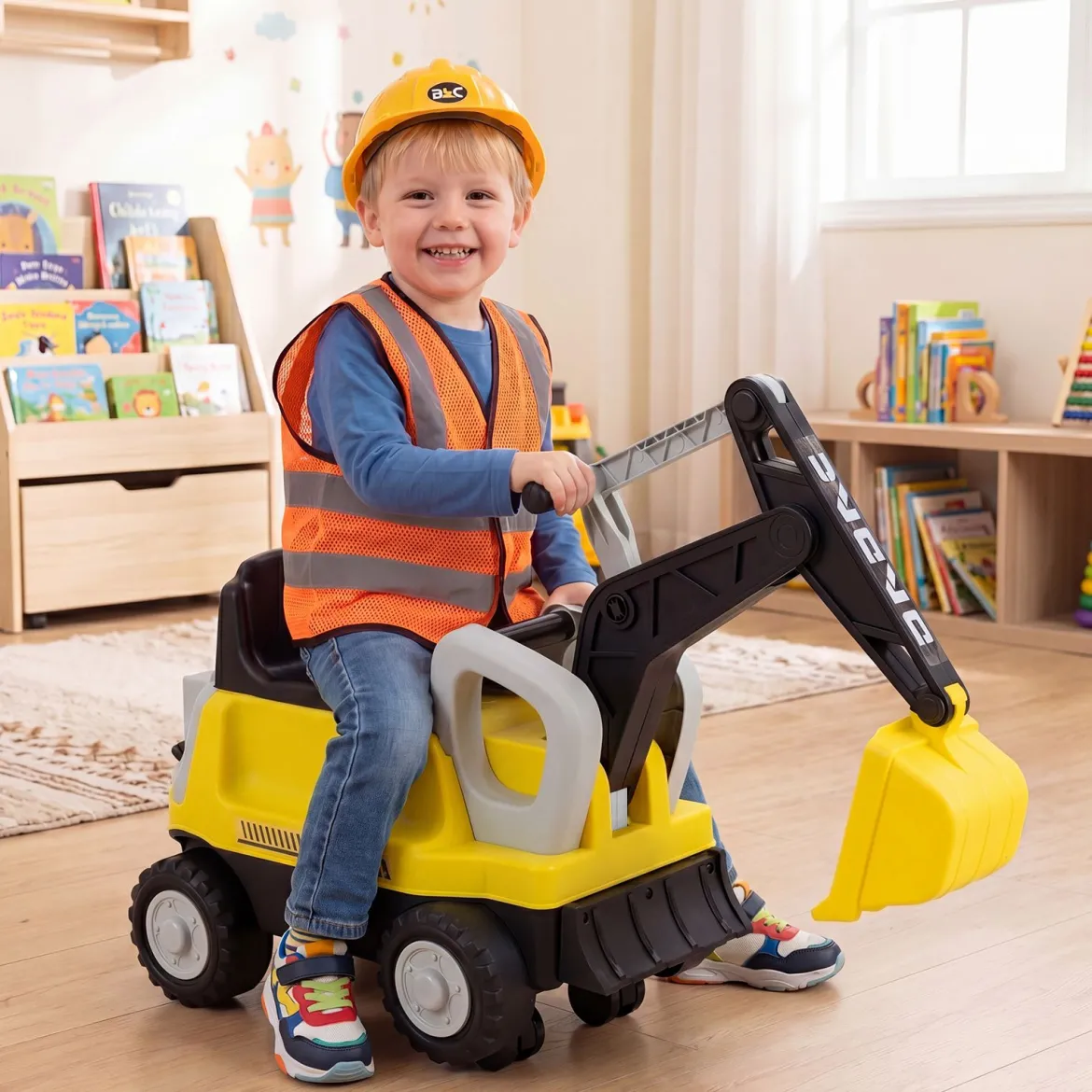 2 in 1 Kindertraktor Kinder Aufsitz-Bagger mit Abnehmbarem Anhänger Rechen Schaufel und Stauraum Gelb