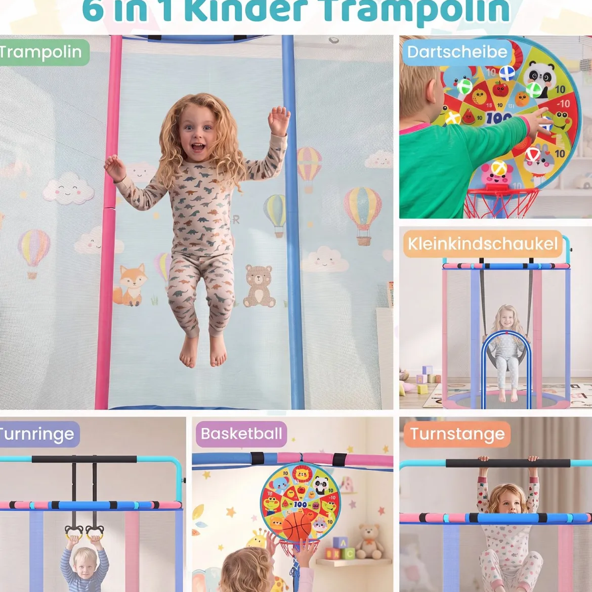 6 in 1 Kindertrampolin mit Sicherheitsnetz & Hitzeverzinkte Metallrahmen 140 x 140 x 214 cm