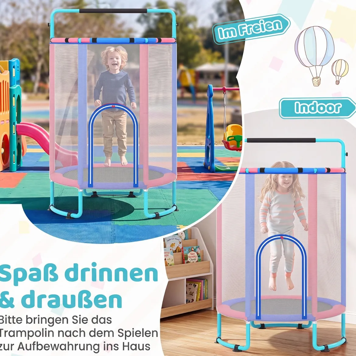 6 in 1 Kindertrampolin mit Sicherheitsnetz & Hitzeverzinkte Metallrahmen 140 x 140 x 214 cm