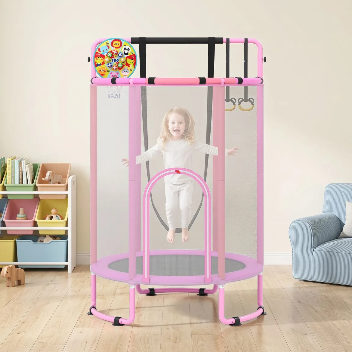 6 in 1 Kindertrampolin mit Sicherheitsnetz & Hitzeverzinkte Metallrahmen 140 x 140 x 214 cm