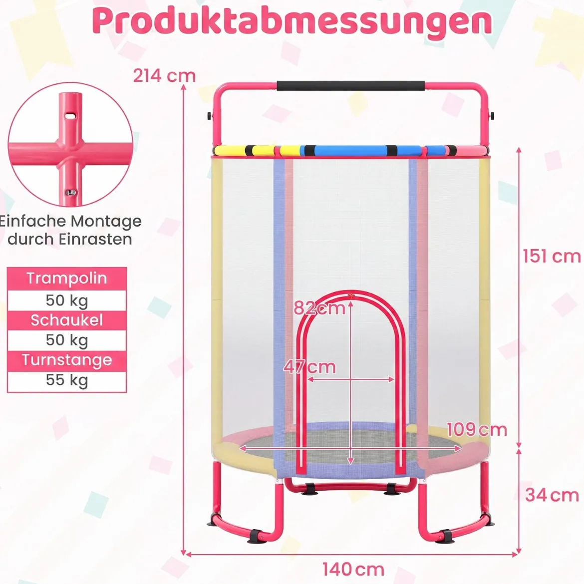 6 in 1 Kindertrampolin mit Sicherheitsnetz & Hitzeverzinkte Metallrahmen 140 x 140 x 214 cm