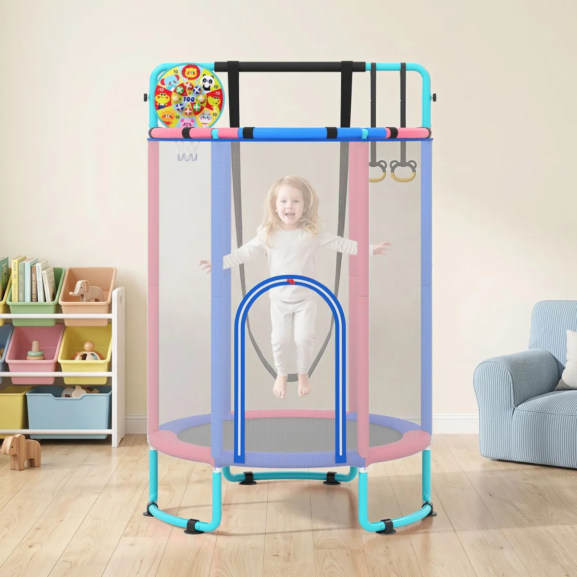 6 in 1 Kindertrampolin mit Sicherheitsnetz & Hitzeverzinkte Metallrahmen 140 x 140 x 214 cm