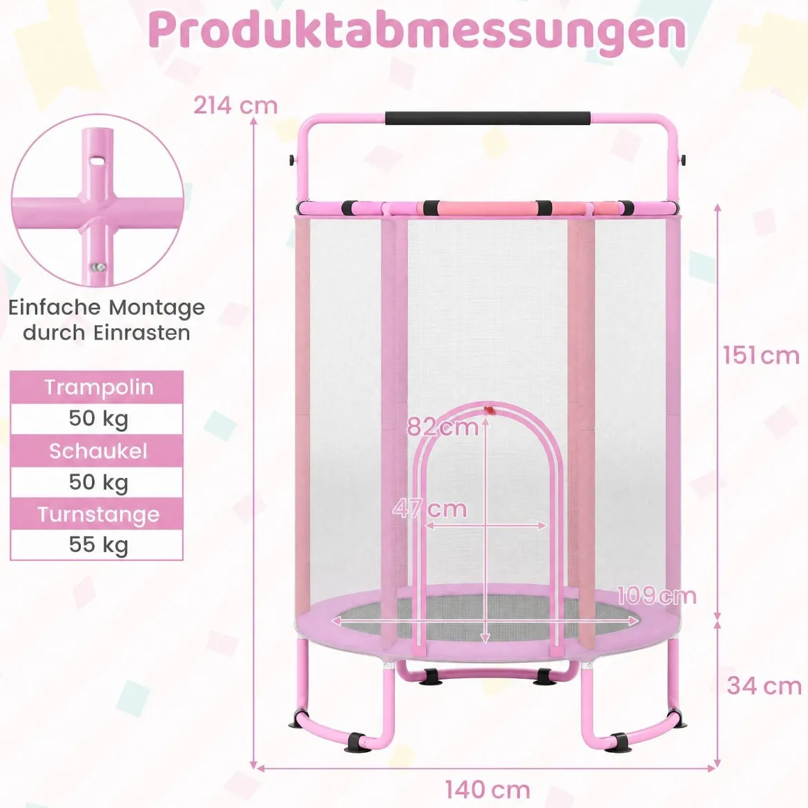 6 in 1 Kindertrampolin mit Sicherheitsnetz & Hitzeverzinkte Metallrahmen 140 x 140 x 214 cm