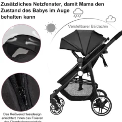 2 in 1 Kinderwagen faltbar Kombikinderwagen mit umkehrbarem Sitz Schwarz/Grau