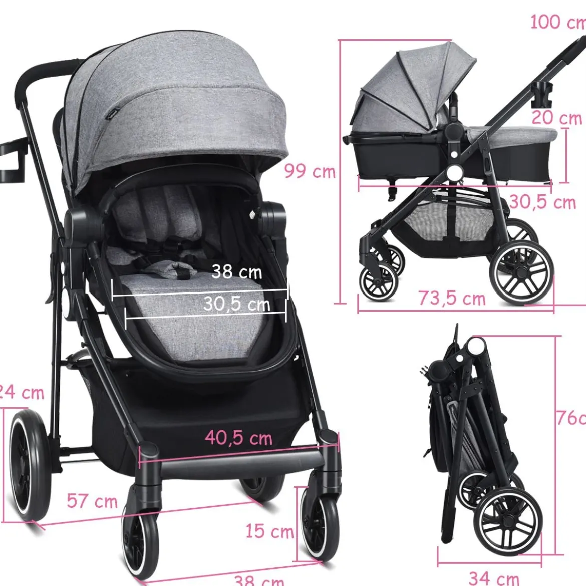 2 in 1 Kinderwagen faltbar Kombikinderwagen mit umkehrbarem Sitz Schwarz/Grau