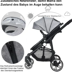 2 in 1 Kinderwagen faltbar Kombikinderwagen mit umkehrbarem Sitz Schwarz/Grau