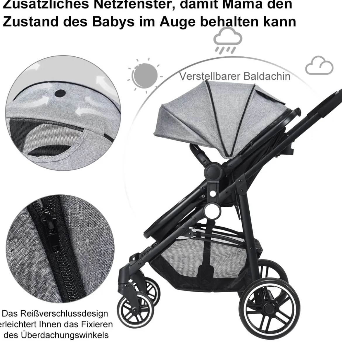 2 in 1 Kinderwagen faltbar Kombikinderwagen mit umkehrbarem Sitz Schwarz/Grau