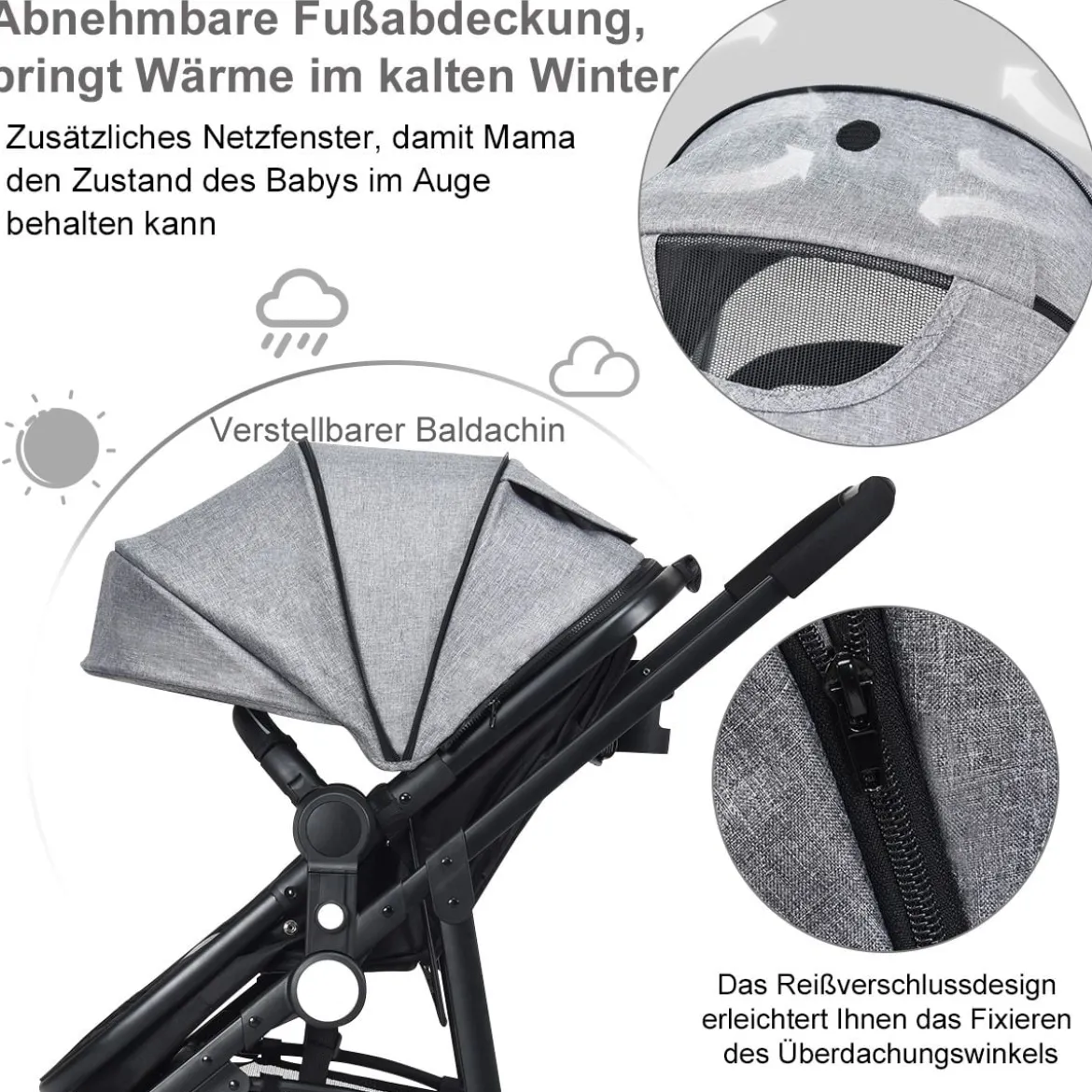 2 in 1 Kinderwagen faltbar Kombikinderwagen mit umkehrbarem Sitz Schwarz/Grau