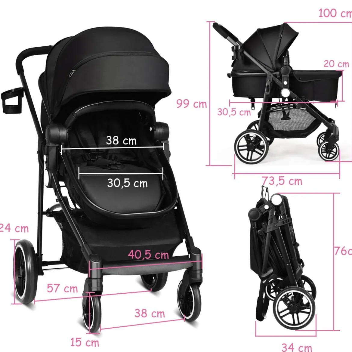 2 in 1 Kinderwagen faltbar Kombikinderwagen mit umkehrbarem Sitz Schwarz/Grau