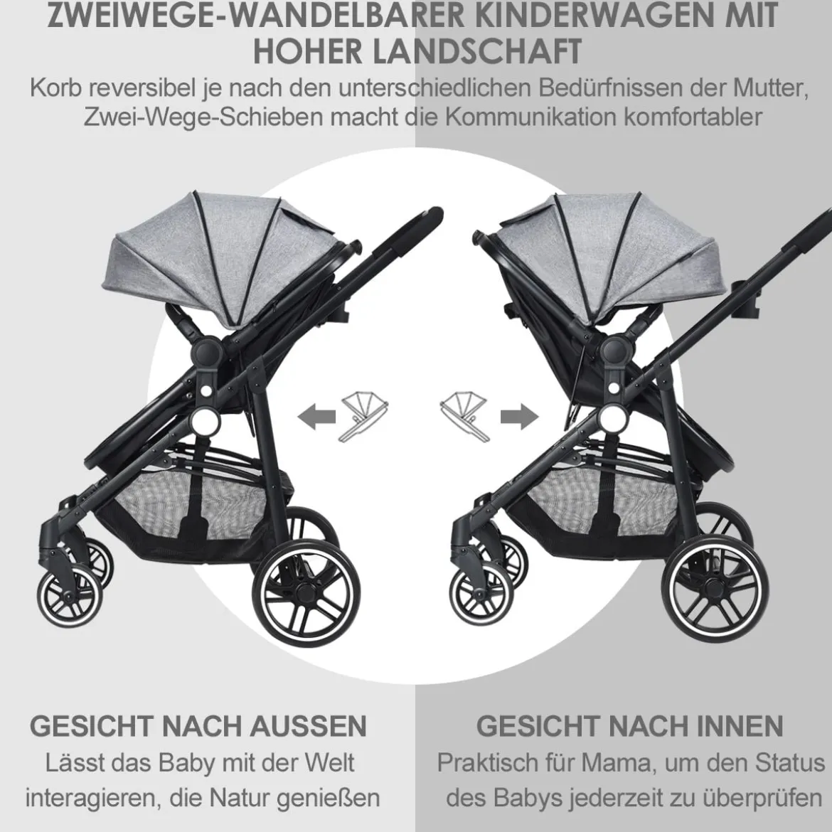 2 in 1 Kinderwagen faltbar Kombikinderwagen mit umkehrbarem Sitz Schwarz/Grau