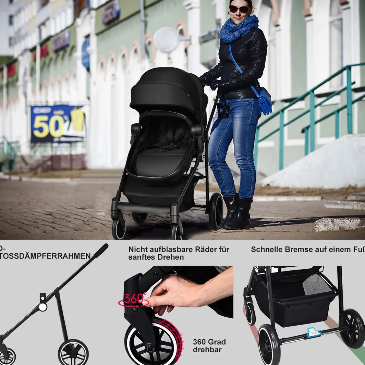 2 in 1 Kinderwagen faltbar Kombikinderwagen mit umkehrbarem Sitz Schwarz/Grau