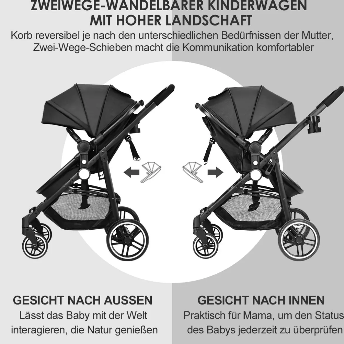 2 in 1 Kinderwagen faltbar Kombikinderwagen mit umkehrbarem Sitz Schwarz/Grau