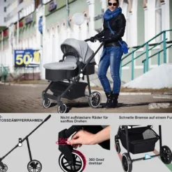 2 in 1 Kinderwagen faltbar Kombikinderwagen mit umkehrbarem Sitz Schwarz/Grau