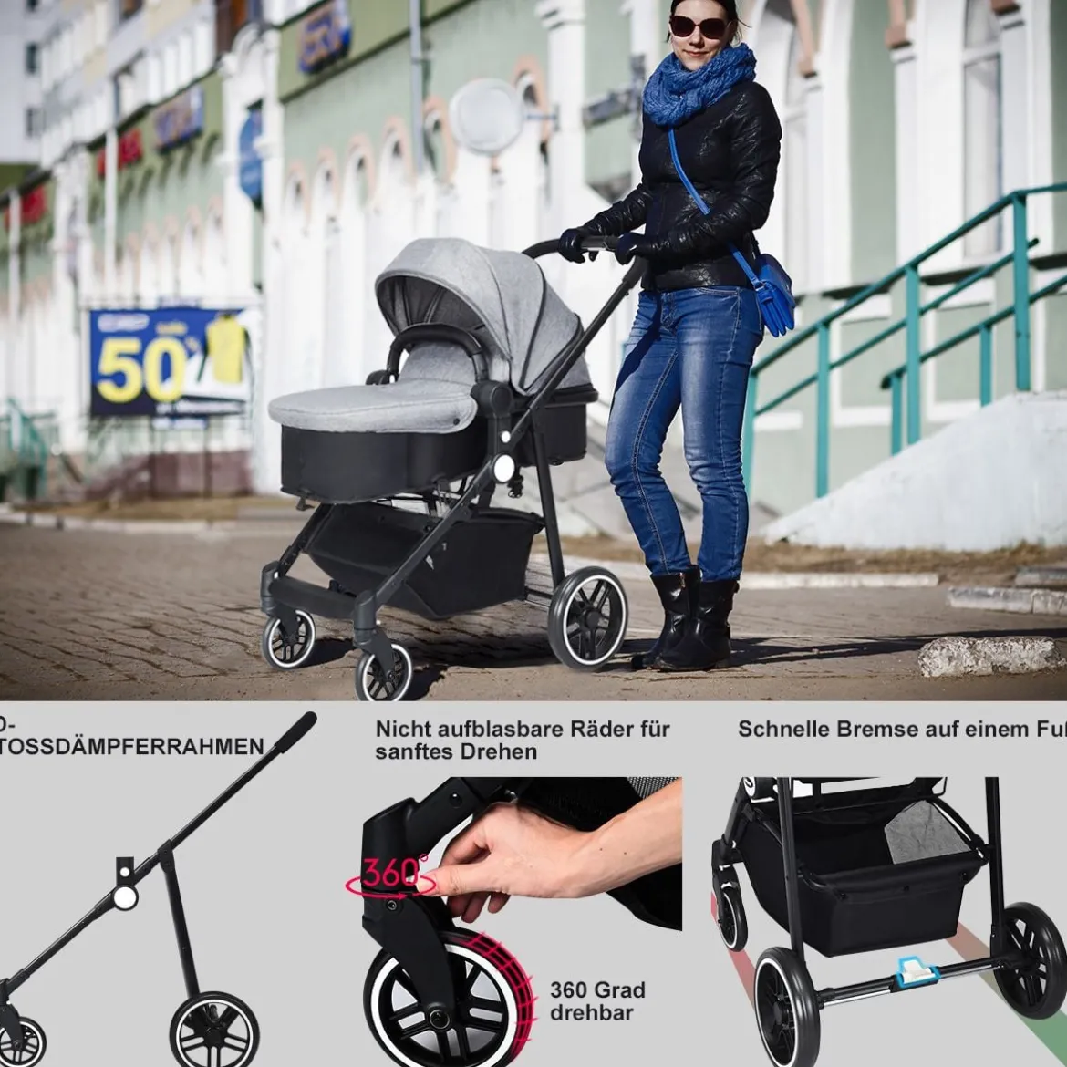 2 in 1 Kinderwagen faltbar Kombikinderwagen mit umkehrbarem Sitz Schwarz/Grau